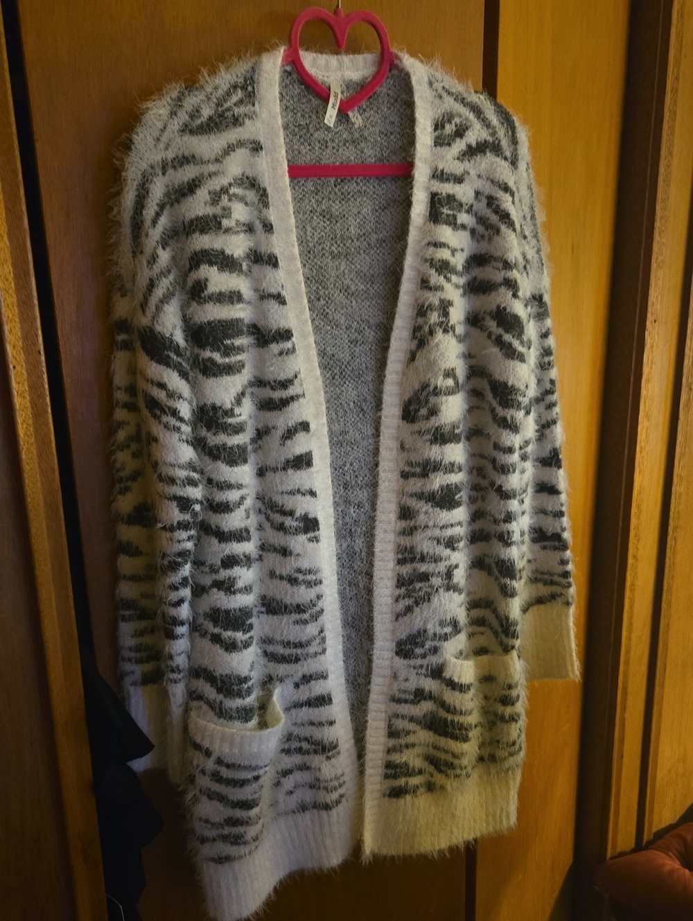 Mudd Black and Cream Open-Front Fuzzy Cardigan